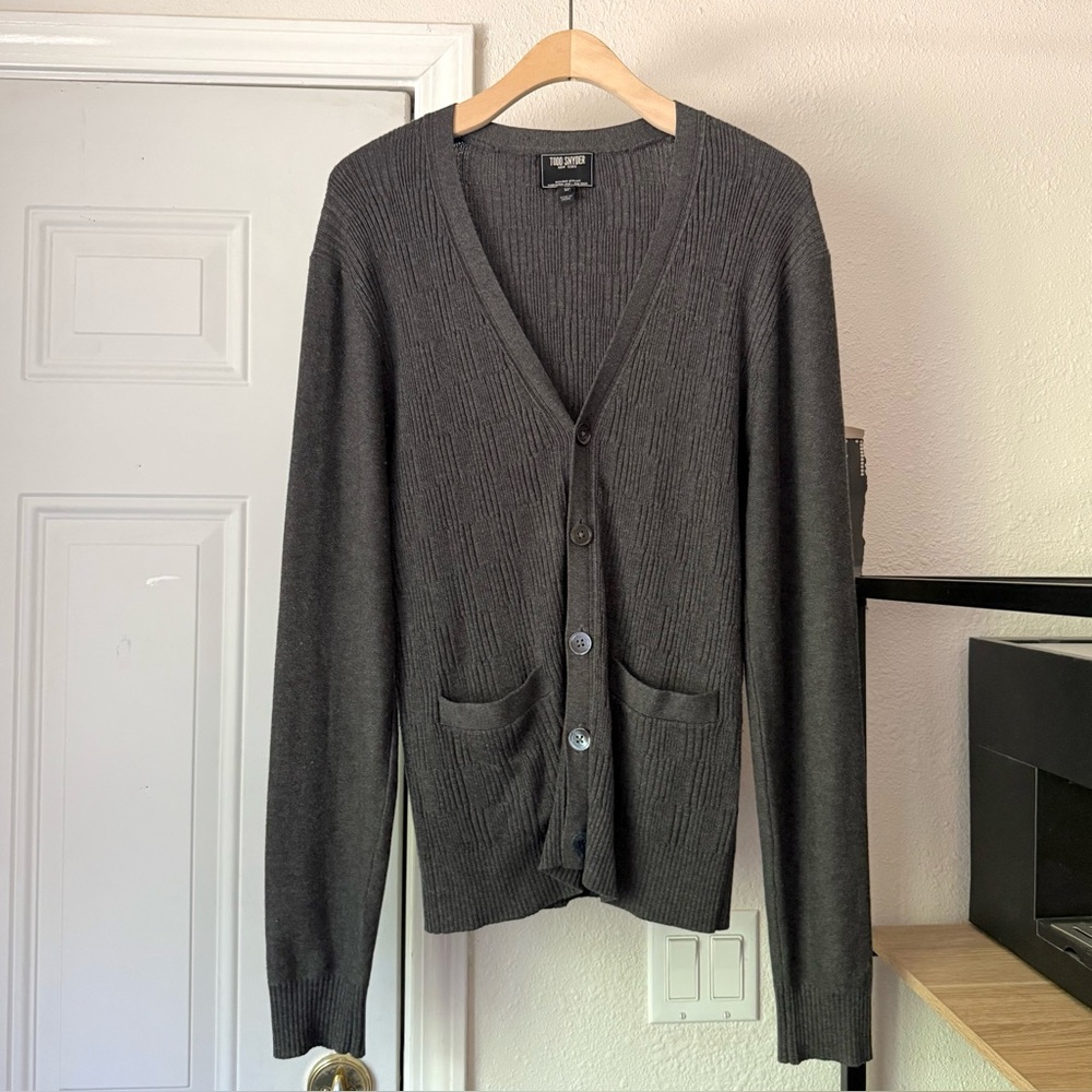 TODD SNYDER grey rib ribbed merino wool tencel knit cotton long sleeve cardigan‎
